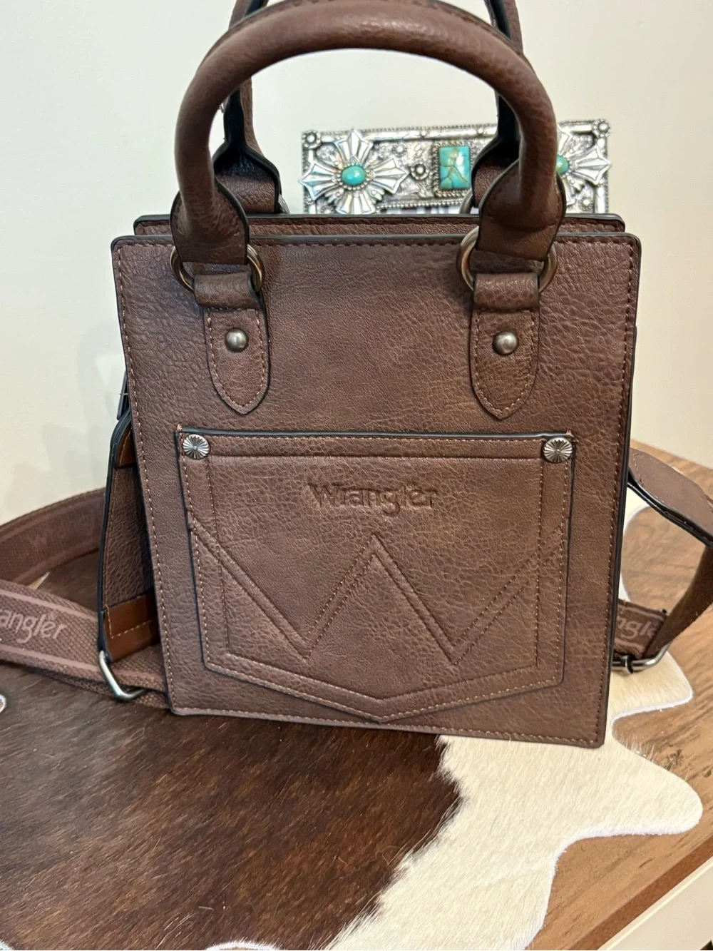 Wrangler Brown Leather Messenger Crossbody with Branded Strap